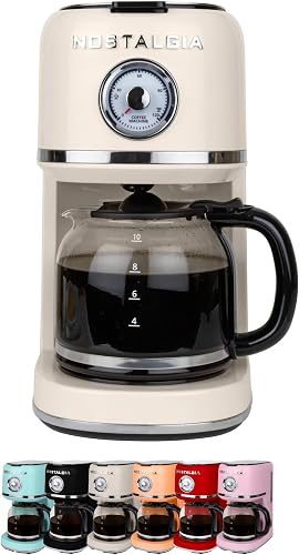 Classic Retro 10 Cup Coffee Maker - One-Touch Drip Brew, Reusable Filter - Anti-Drip, Auto Shutoff, & Time Display - Dishwasher Safe 50 oz Carafe - Cream