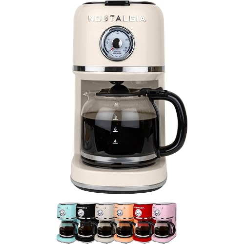 Nostalgia Classic Retro 10 Cup Coffee Maker - One-Touch Drip Brew, Reusable Filter - Anti-Drip, Auto Shutoff, & Time Display - Dishwasher Safe 50 oz Carafe - Cream