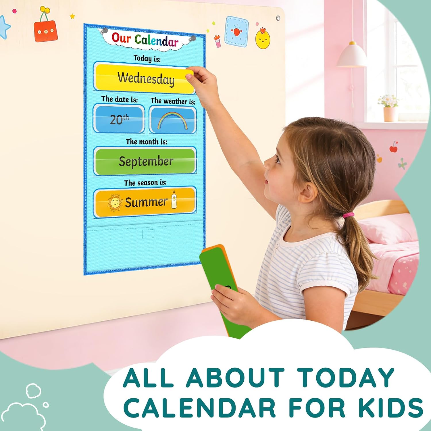 ALSLEA Our Calendar and Weather Pocket Chart for Classroom, 23" x 13" All About Today Calendar for Kids, Preschool Toddler Circle Time Learning Center, Back to School Supplies, Homeschool Essentials