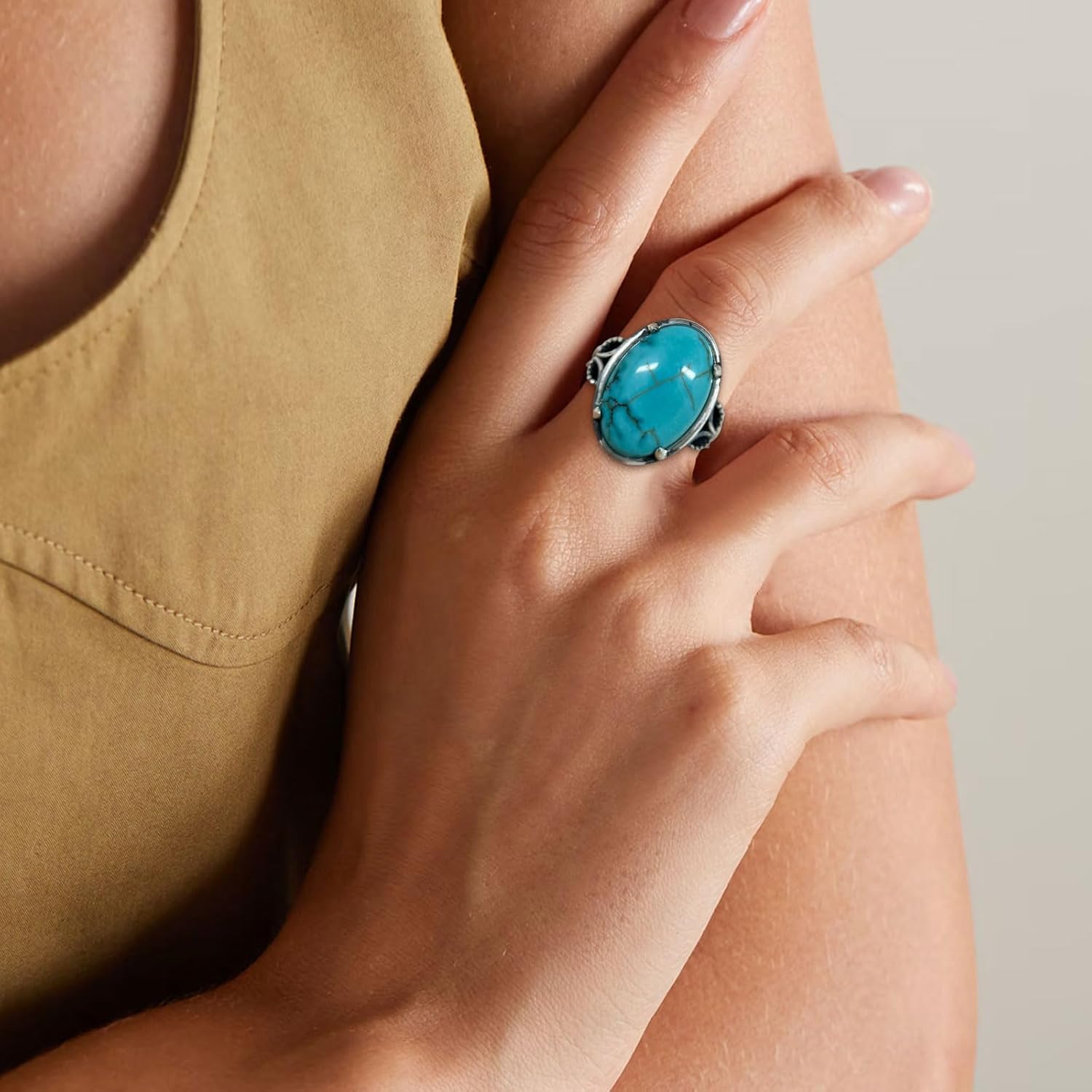 Large Genuine Turquoise Rings for Women 925 Sterling Silver 20 * 13MM Turquoise Ring Native American Style Southwest Jewelry for Her Wife Mom - Image 3