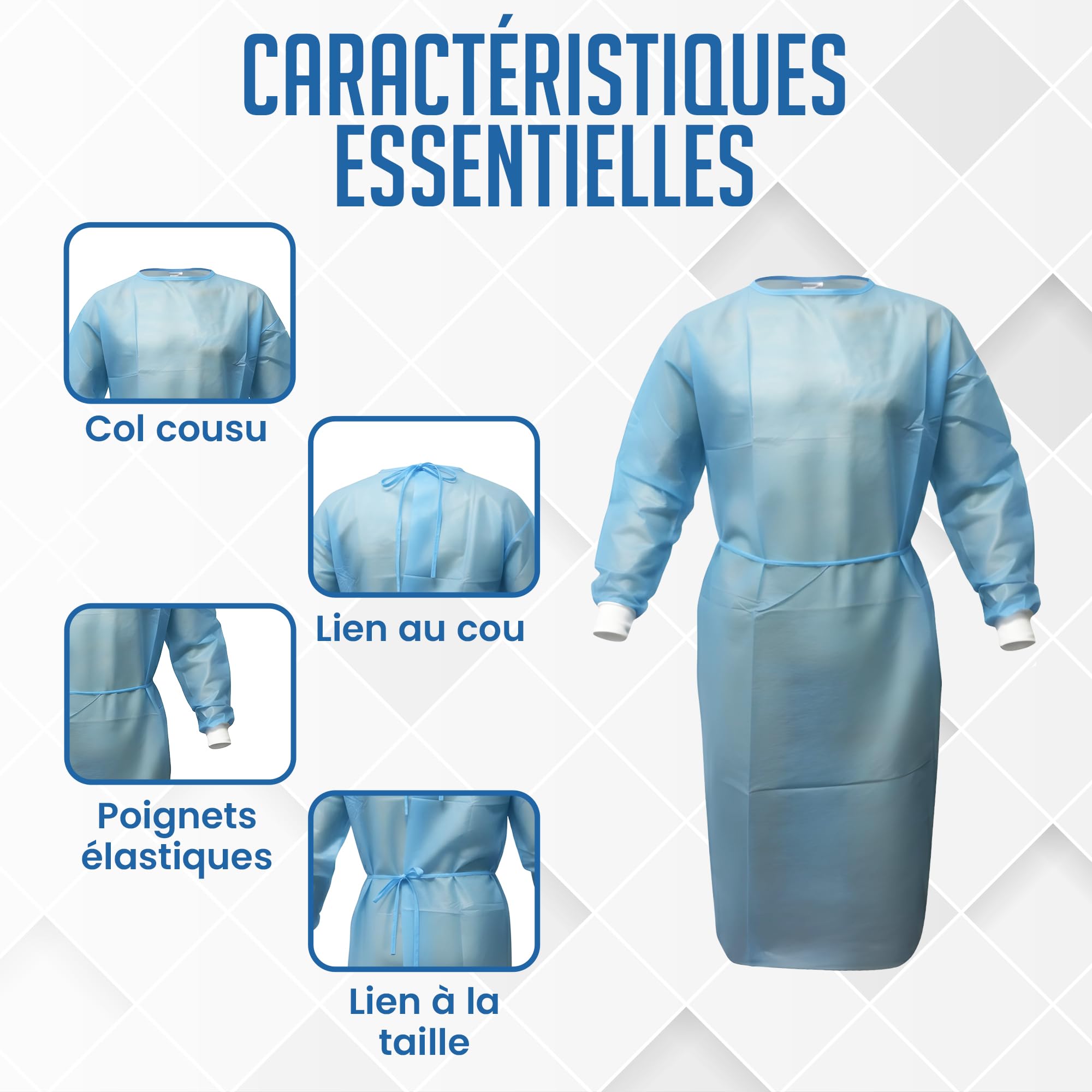 BORNOVA Surblouse médical jetable - Blouse d'isolation protection patient hôpital - PP Taille universelle - Qualité professionnelle Confortable - Bleu ciel 35 gsm (10)