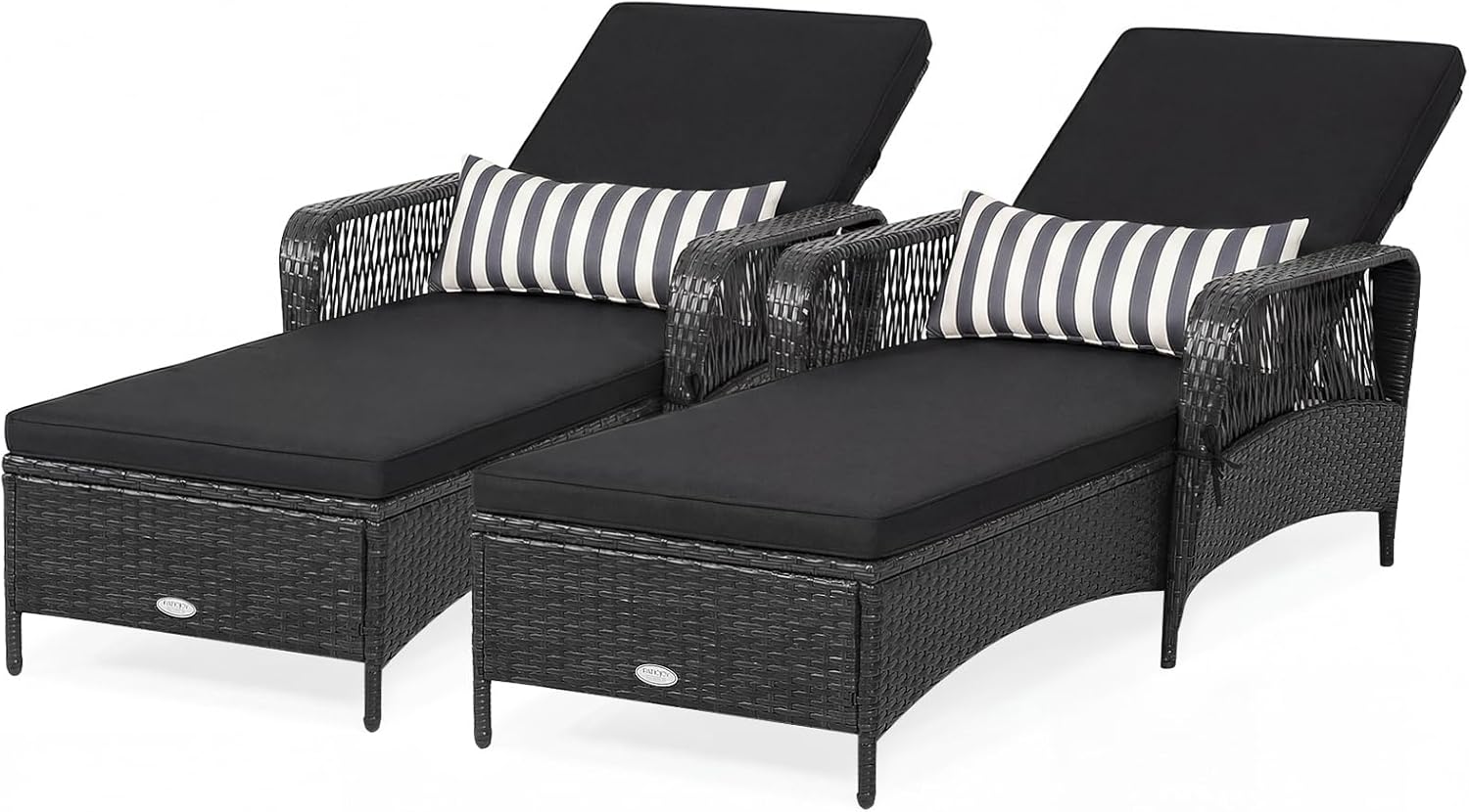 RELAX4LIFE Rattan Patio Chaise Lounge, Outdoor Leisure Recliner w/Thick Cushion, Lumbar Pillow, 6-Gear Adjustable Backrest & Non-Slip Foot Pads, Sunbathing Lounger, Wicker Couch Chair (2, Black+Black)
