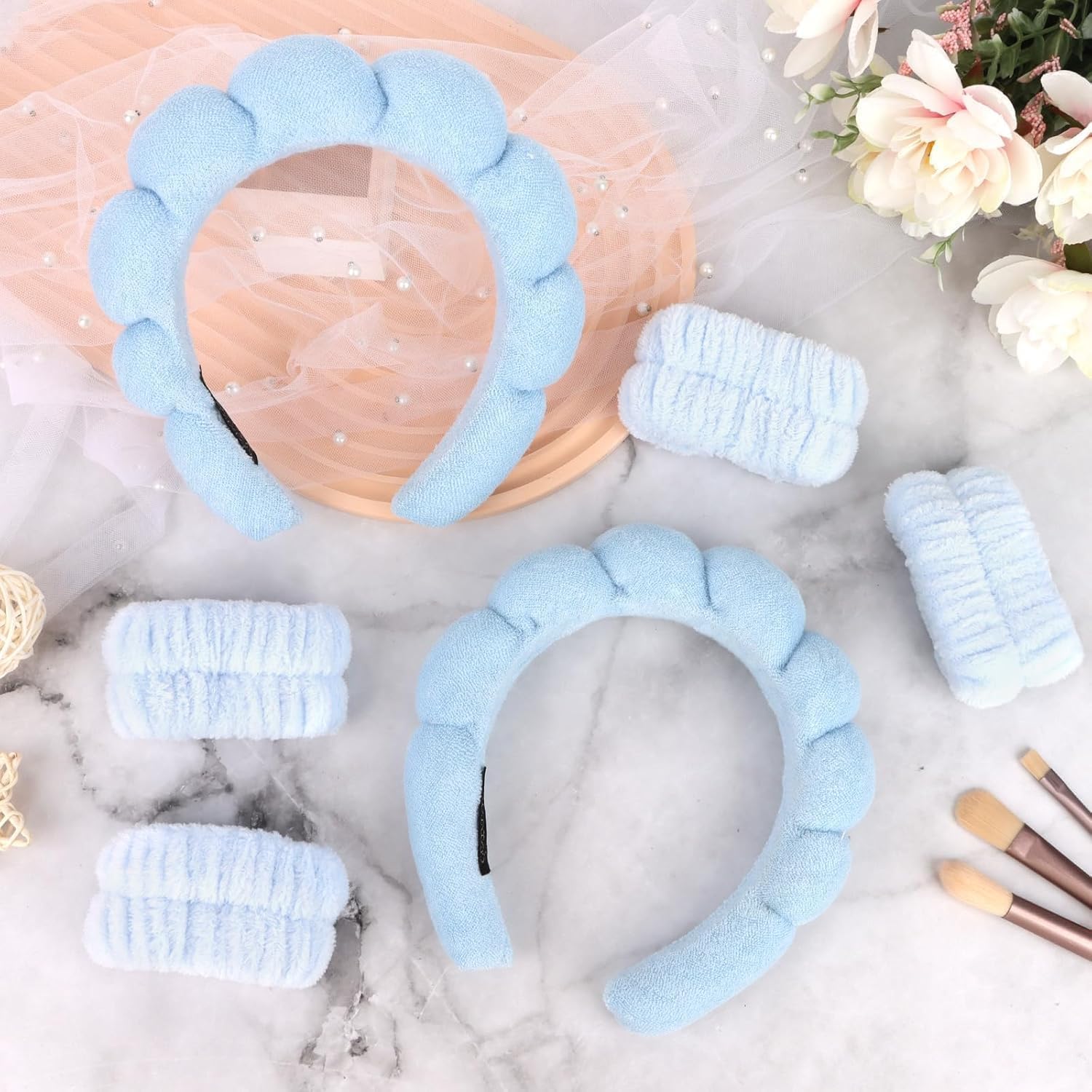 BEHAHAI Spa Headband for Washing Face Wristband Sponge Makeup Skincare Headband Terry Cloth Bubble Soft Get Ready Hairband for Women Girl Puffy Padded Headwear Non Slip Thick Hair Accessory. (BLUE, FREE) 4