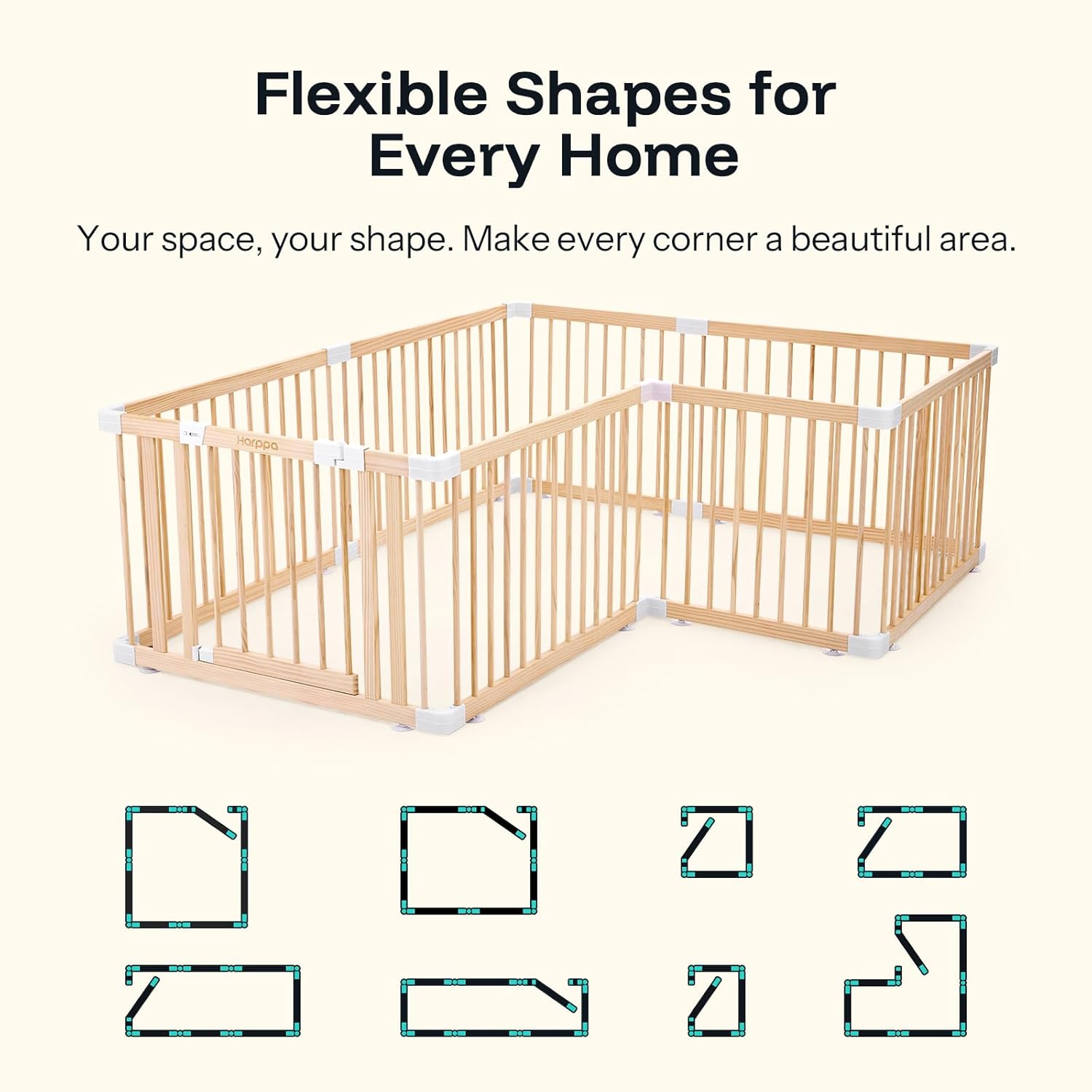 Diagram showing various flexible shapes for the HARPPA Grovi Baby Playpen, including square, rectangular, and L-shaped configurations.