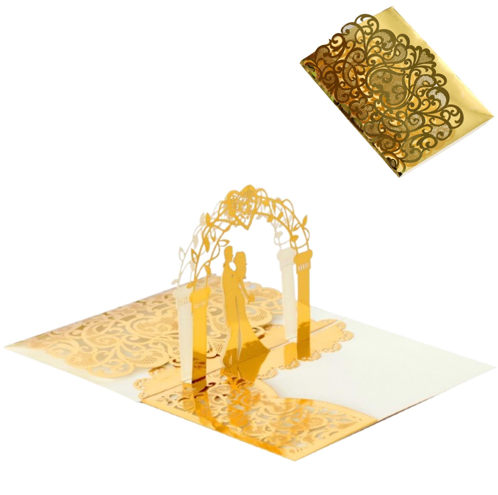 Elegante biglietto di nozze pop-up 3D dorato con busta, invito romantico per coppia di sposi