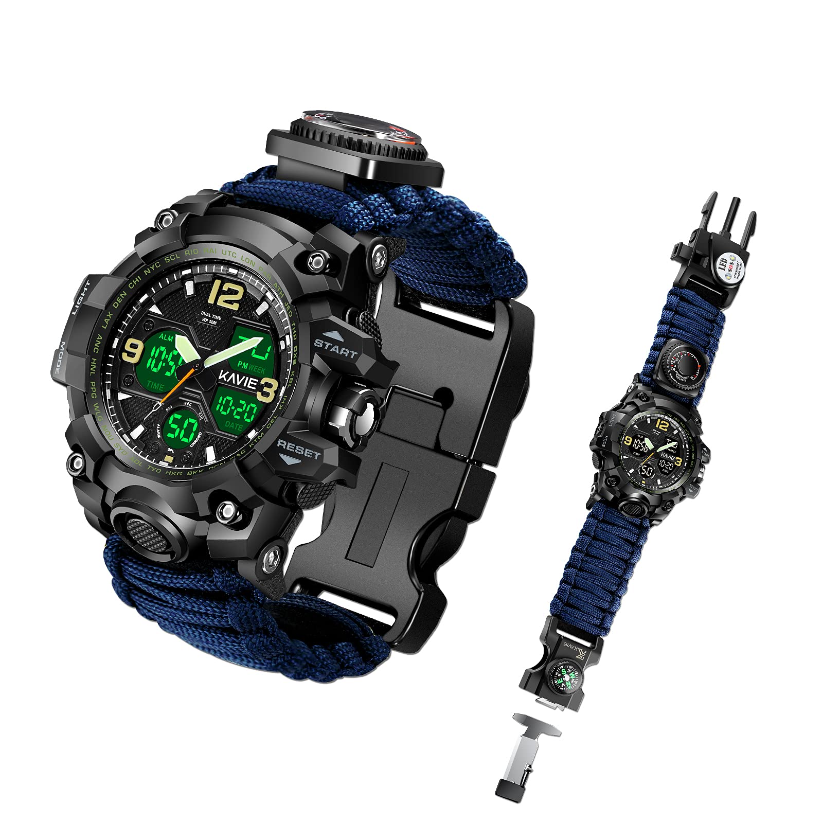 KavieMens Tactical Military Digital Watch, 23-in-1 Survival Multi-Functional Army Outdoors Waterproof Camouflage Sports Watches Dual Display Analog LED Electronic Wristwatches with Compass Paracord Band