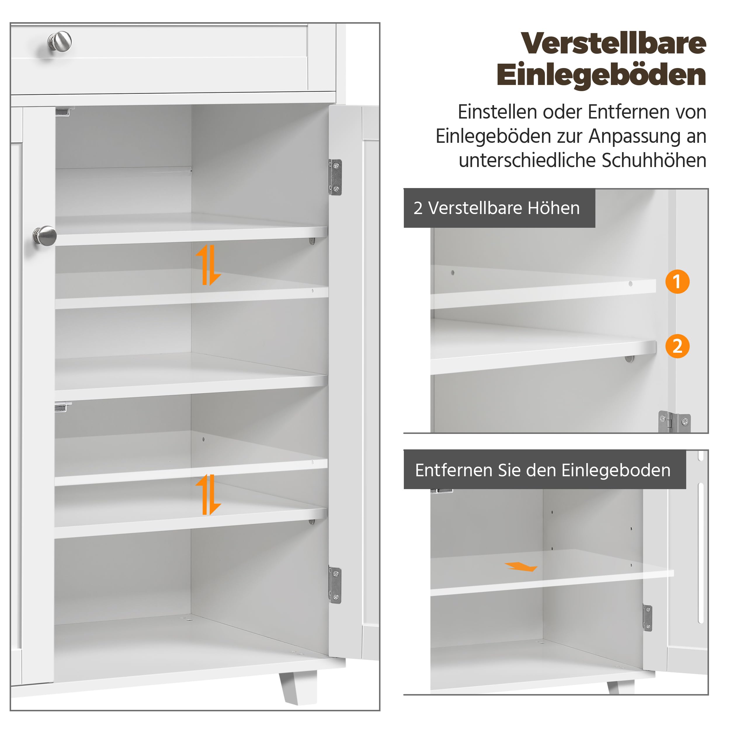 Yaheetech Schuschrank Schuhregal mit 1 Schublade und 2 Türen, Schuhablage | Verstellbare Einlegeböden Schuhkipper 4 Ablagefächer Holz Schuhkommode für High Heels/Stiefel, 78 × 37 × 85,5 cm Weiß