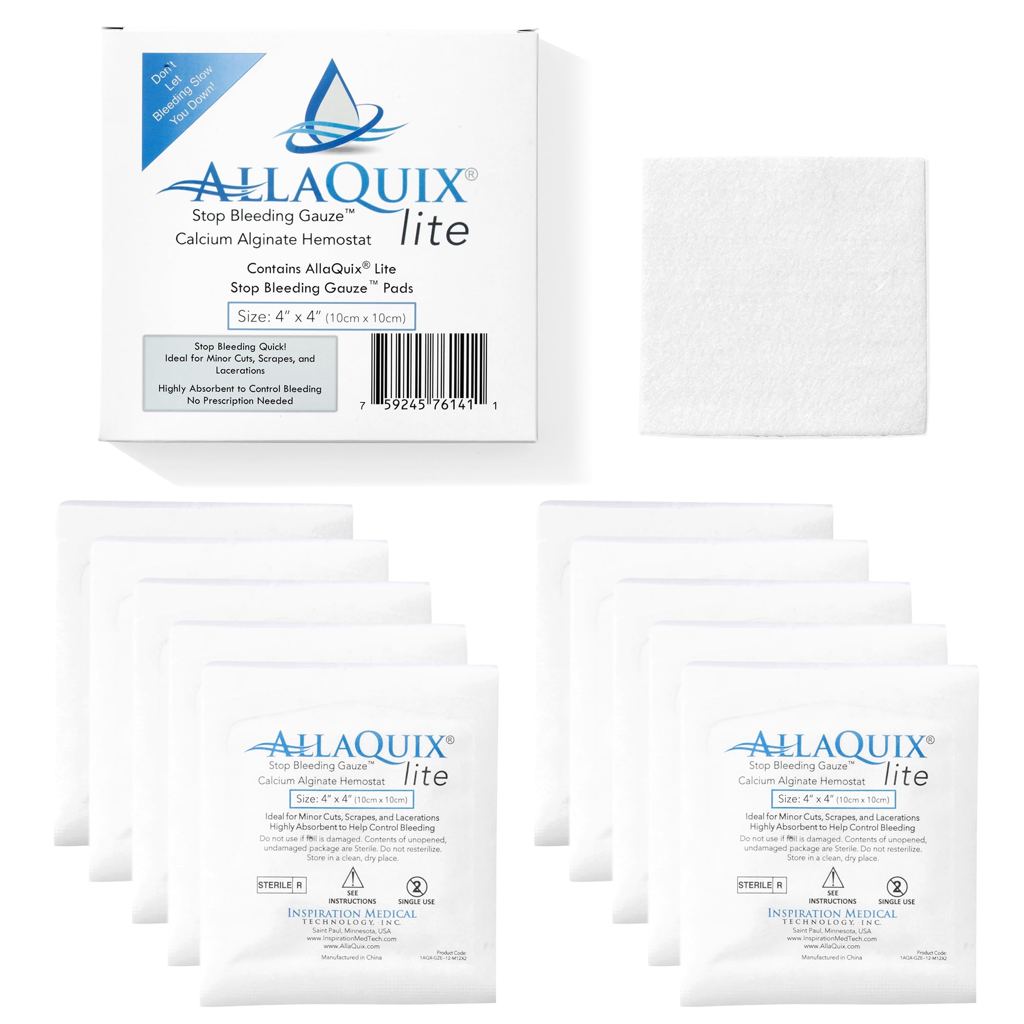 Stop Bleeding Fast – AllaQuix Lite Hemostatic Gauze Pads 4" x 4" – Calcium Alginate Wound Dressing – Sterile, High Absorbency, Non-Adherent – First Aid for Bleeding Control – 10 Count