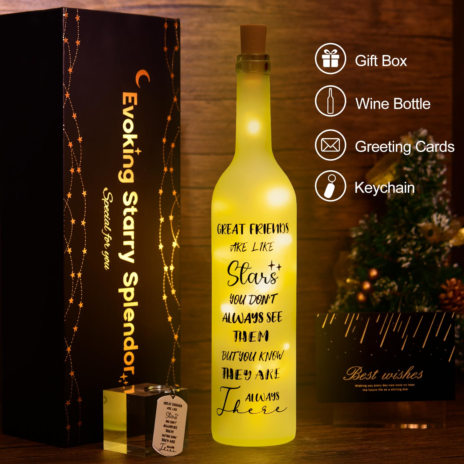 Healemo Christmas Lamp - Wine Bottle Light Decor Gift, Friendship Theme, Best Friend Birthday Gifts Idea for Women, USB Powered, Includes Keychain