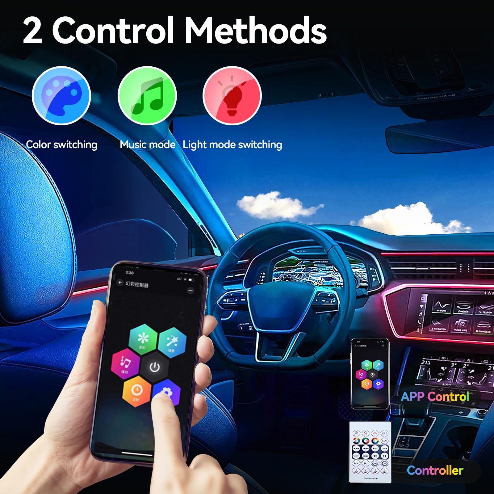 6 in 1 Acrylique Voiture LED Intérieure Éclairage, 168 LEDs RGB Ambiance Lumière, App + Télécommande Contrôle Contrôlable, Multicolore Ambiance Lumière