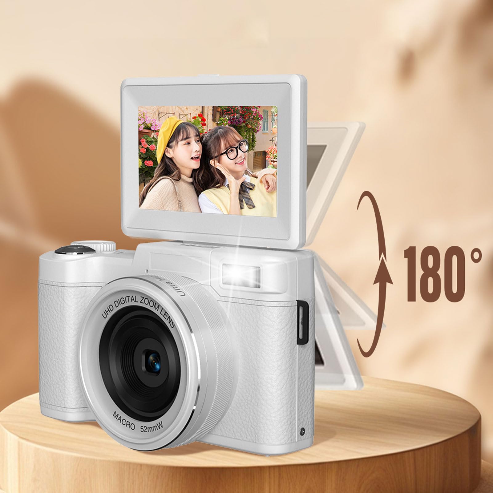 Fotocamera Digitale 5K, Vlogging con Zoom 18X da 64 MP, Fotocamera di Bellezza Compatta WiFi con Luce di Riempimento a LED, Schermo Ribaltabile da 3 Pollici, Batteria da 800 MAh per (WHITE)