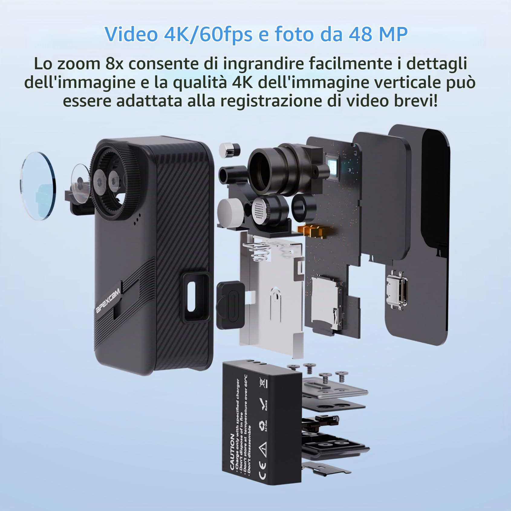 Apexcam K20 Touchscreen Action Cam 4K60FPS 48MP Ultra HD WiFi 8X Zoom EIS Fotocamera sportiva subacquea 20m impermeabile con 64GB Card 2.4G Telecomando 2x1350mAh Batterie