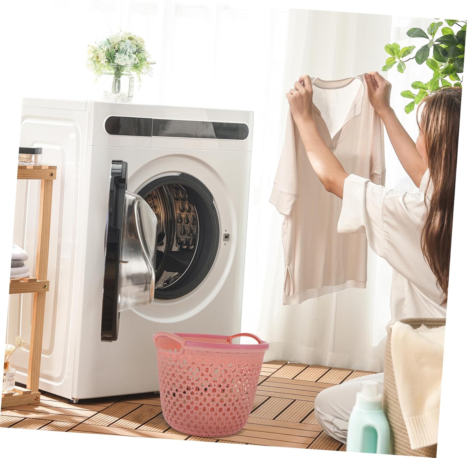 Laundry Basket with Handles Medium Hollowed Out Clothes Hamper for Bathroom Bedroom Living Room Storage Capacity PP Material Stain Resistant Laundry Hamper