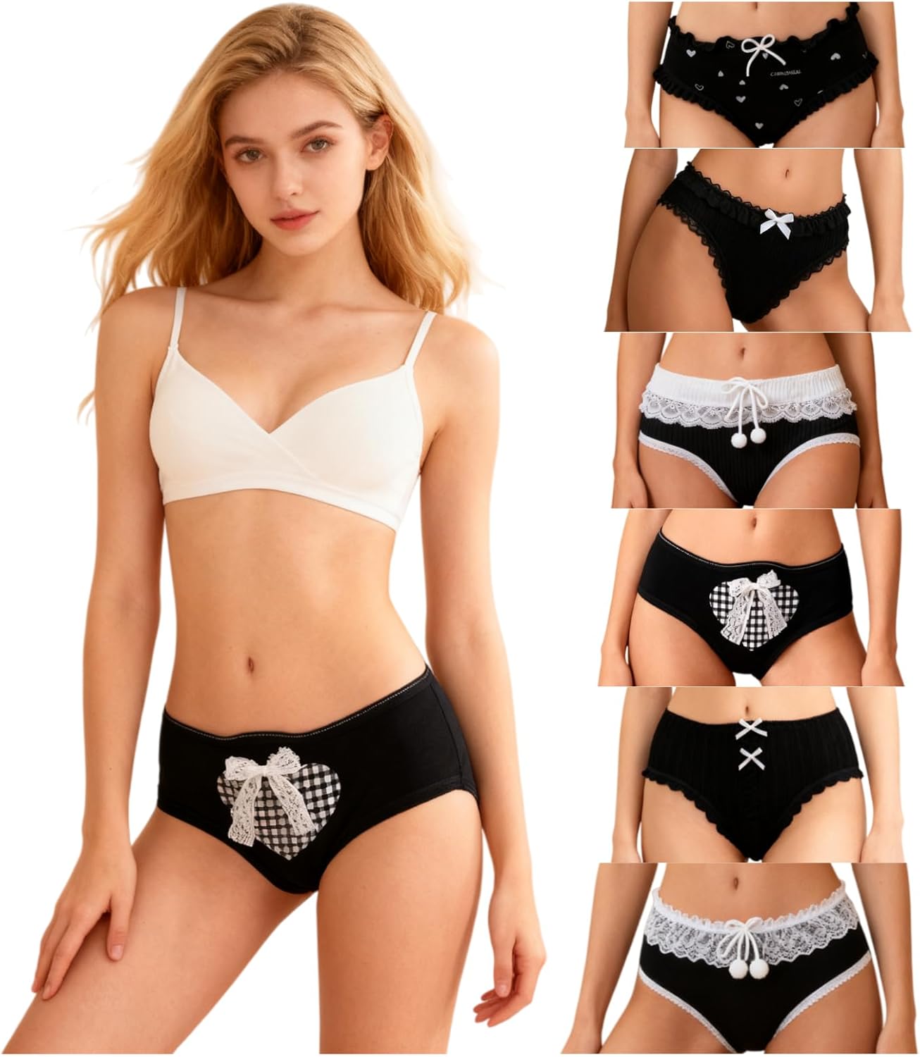 Womens Underwear for Women 6 Packs Panties Cute Cotton Kawaii Japanese-Style Bowknot Lace Heart-Print