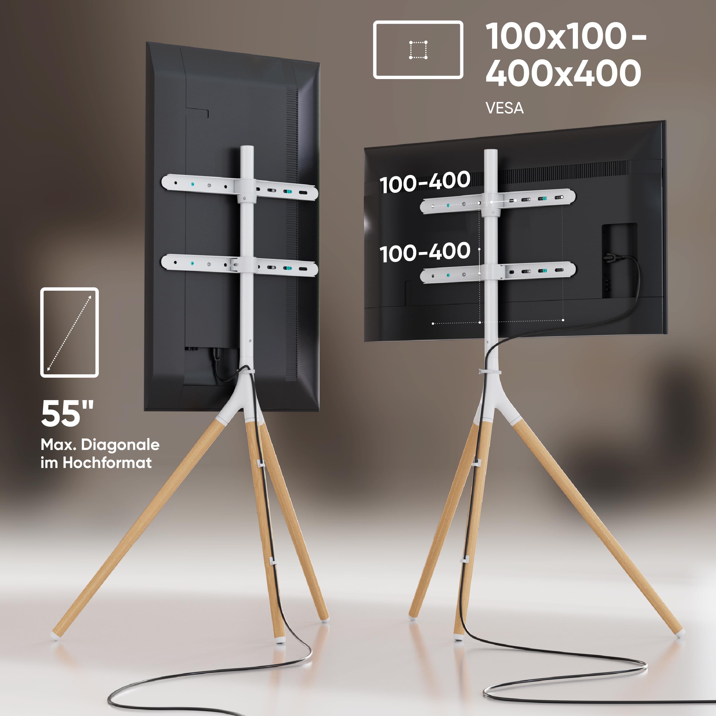 ONKRON TV Ständer Dreibein für 32-65 Zoll Fernseher bis 35 kg, Staffelei TV Standfuss höhenverstellbar schwenkbar, VESA 100x100-400x400, Fernseher Tripod Stand aus Holz Weiß TS1220-W