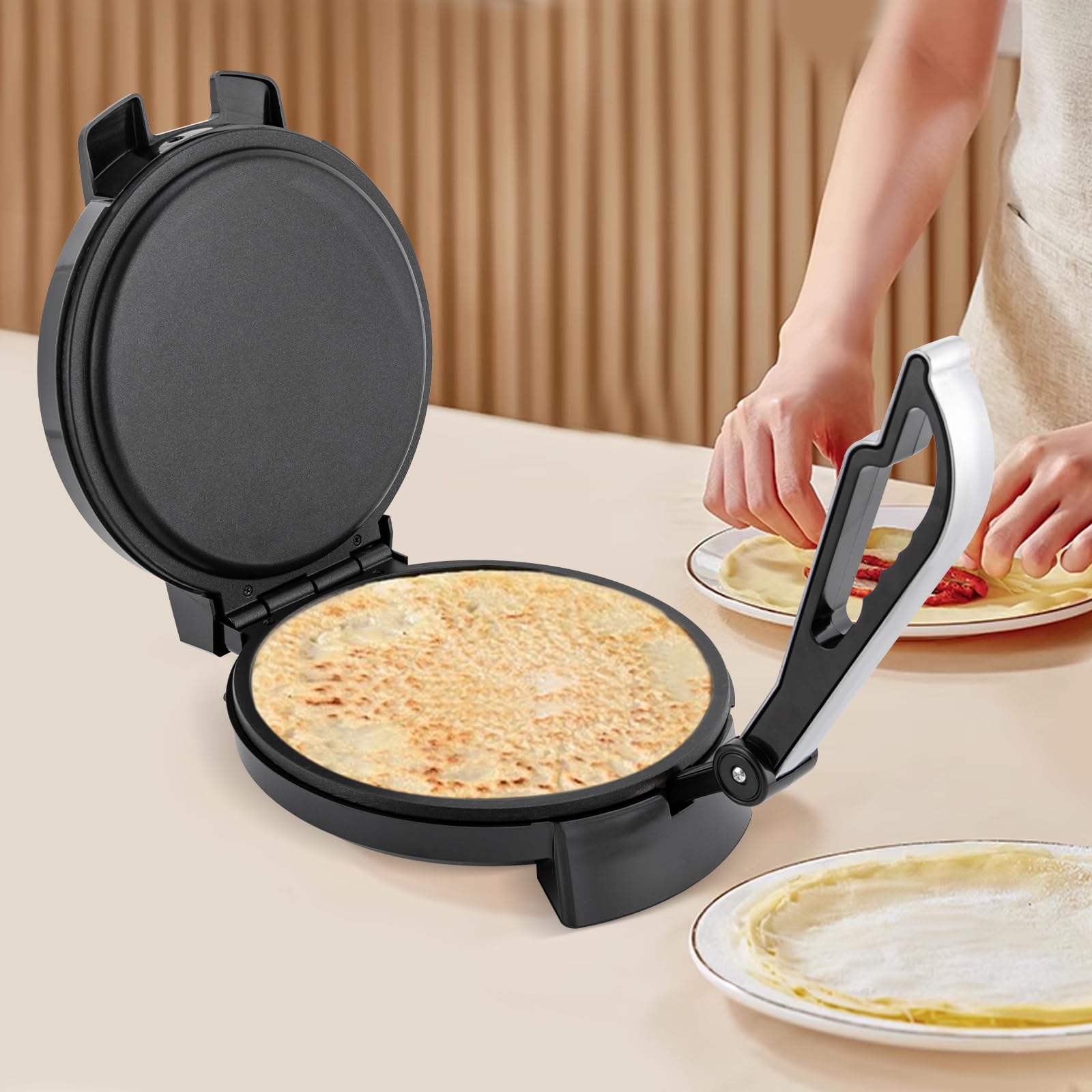 Roti Maker, 1200 W, calentador eléctrico de acero inoxidable, prensa de harina de maíz, antiadherente, control de temperatura, para tortillas, tacos y quesadillas