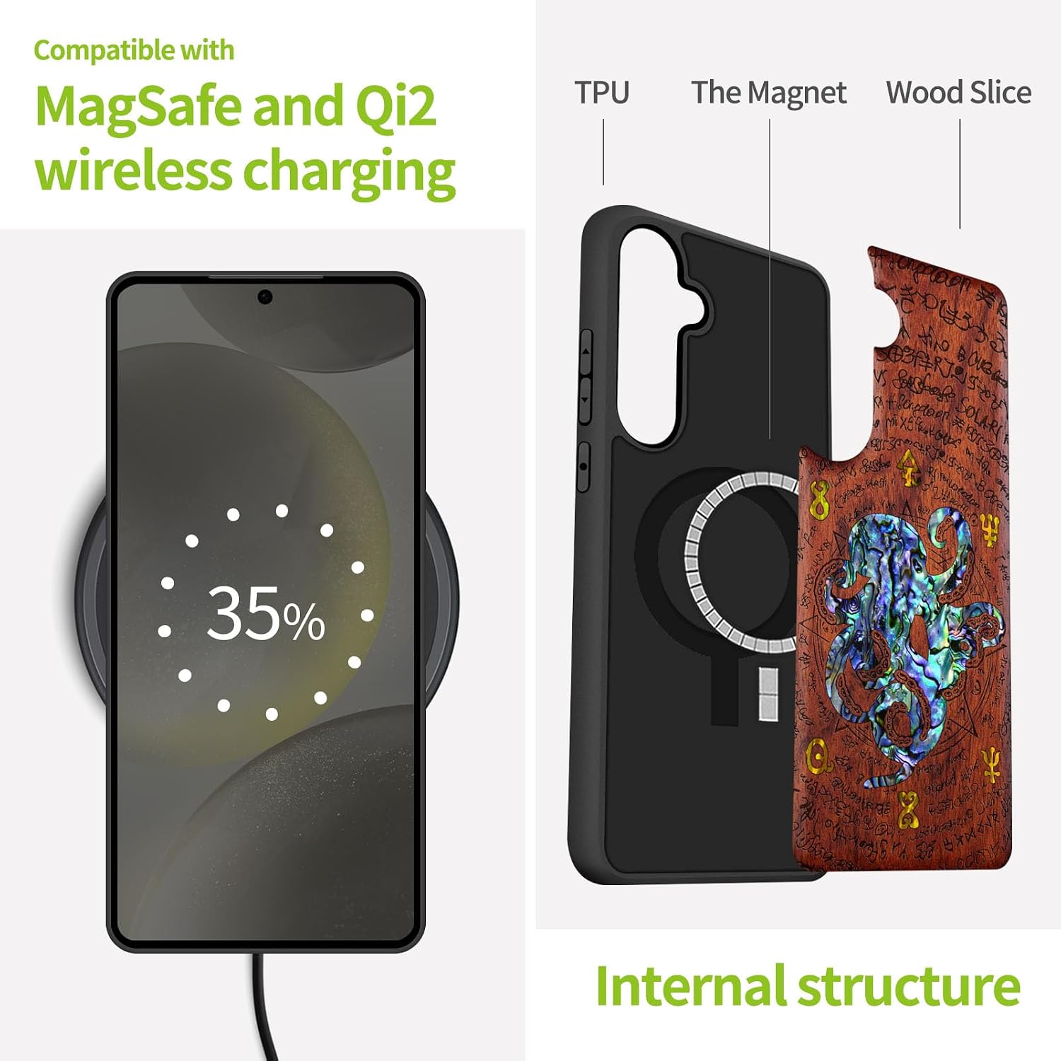 Carveit Magnetic Wooden Case for Galaxy S25+ / S25 Plus Case, Wood Artisan Engraved & Handmade Shell Inlaid, Compatible with MagSafe Wireless Chargers (Octopus and Octagonal Star) Rosy