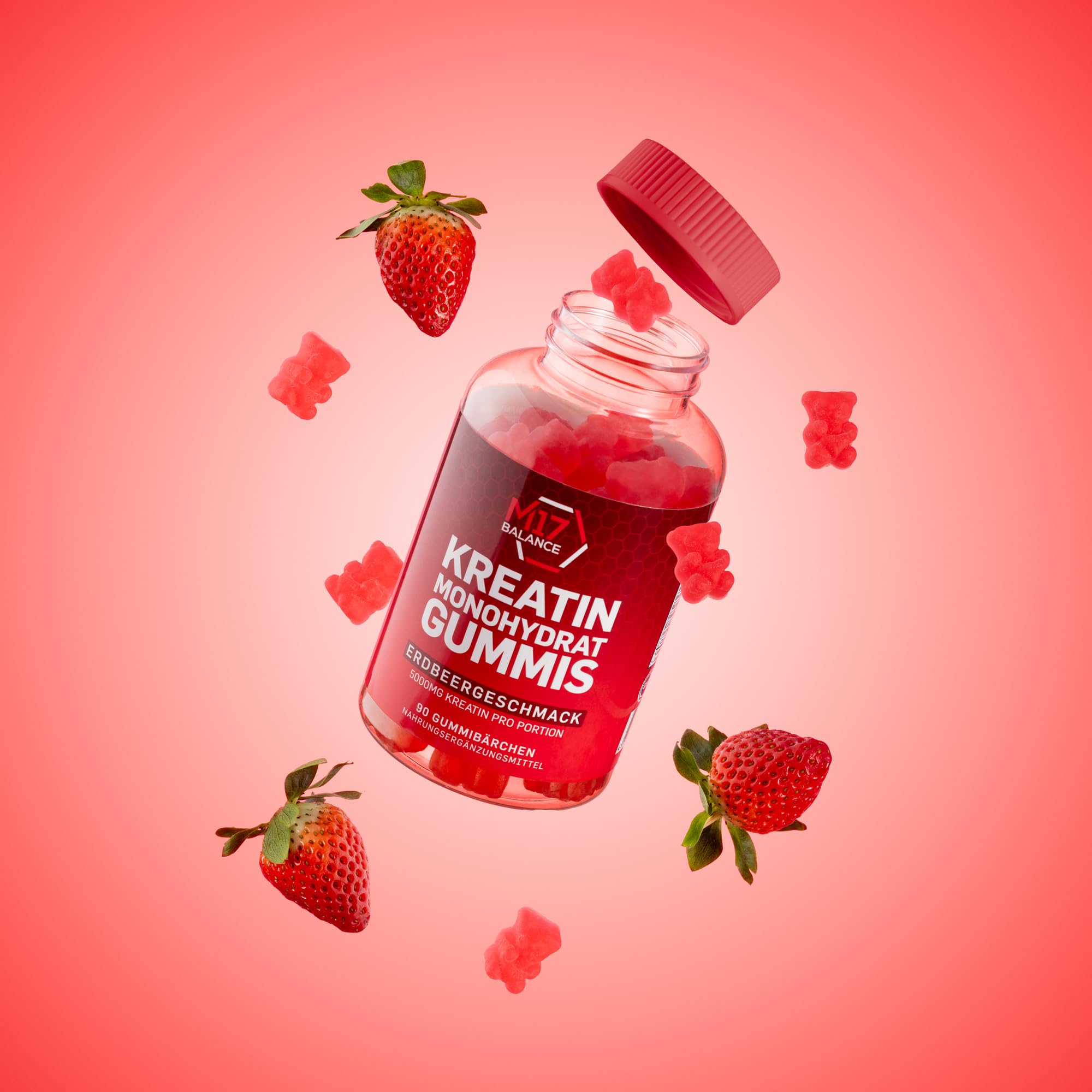 Creatin Monohydrat Gummibärchen - 5000 mg Kreatin mit BCAAs & L-Carnitin pro Dosis - Für Muskelaufbau - Zuckerfrei, Anti-Schmelz-Formel, Vegan, Glutenfrei - 30 Portionen (90 Stück, Erdbeere)