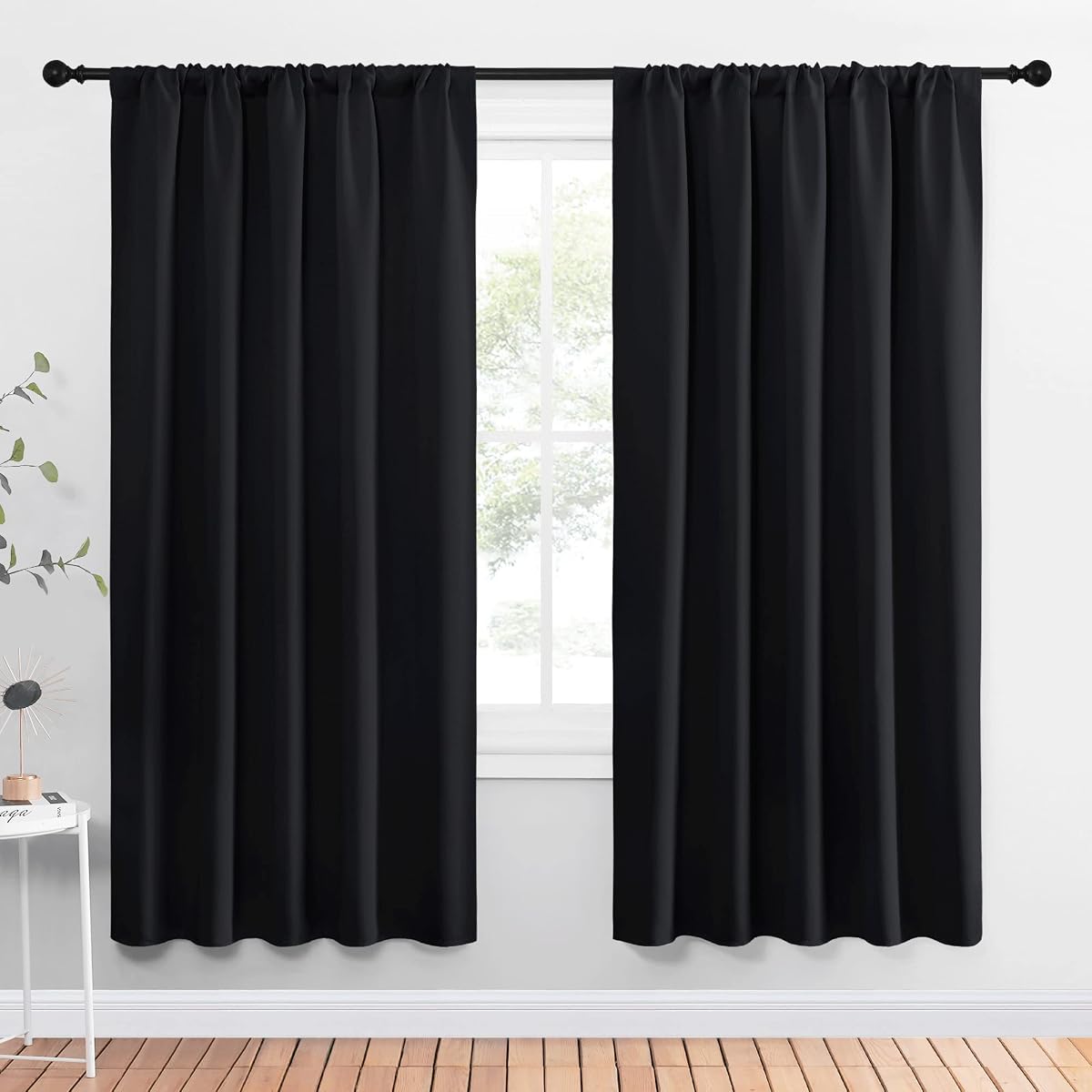 NICETOWN Cortinas opacas negras para dormitorio de 52.0 in de ancho x 72.0 in de largo, 2 paneles | Persianas de tratamiento de ventana con aislamiento térmico sólido, cortinas para sala de estar, cocina, bloqueo de luz, oscurecimiento de habitación, decoración del hogar