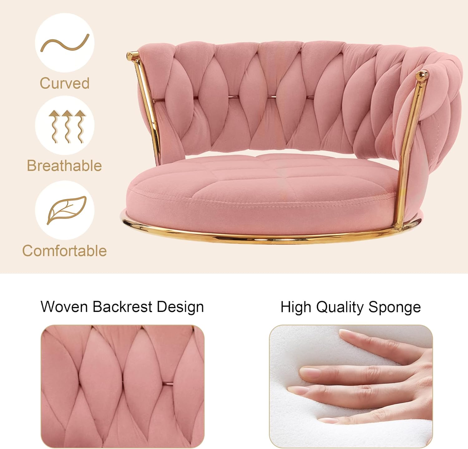 VECELO Bar Stools Set of 2, Adjustable Barstools Counter Height Stools with Back and Arm, Velvet Woven Kitchen Island Stools w/Gold Metal Leg Base, 360° Swivel Bar Chair, Pink