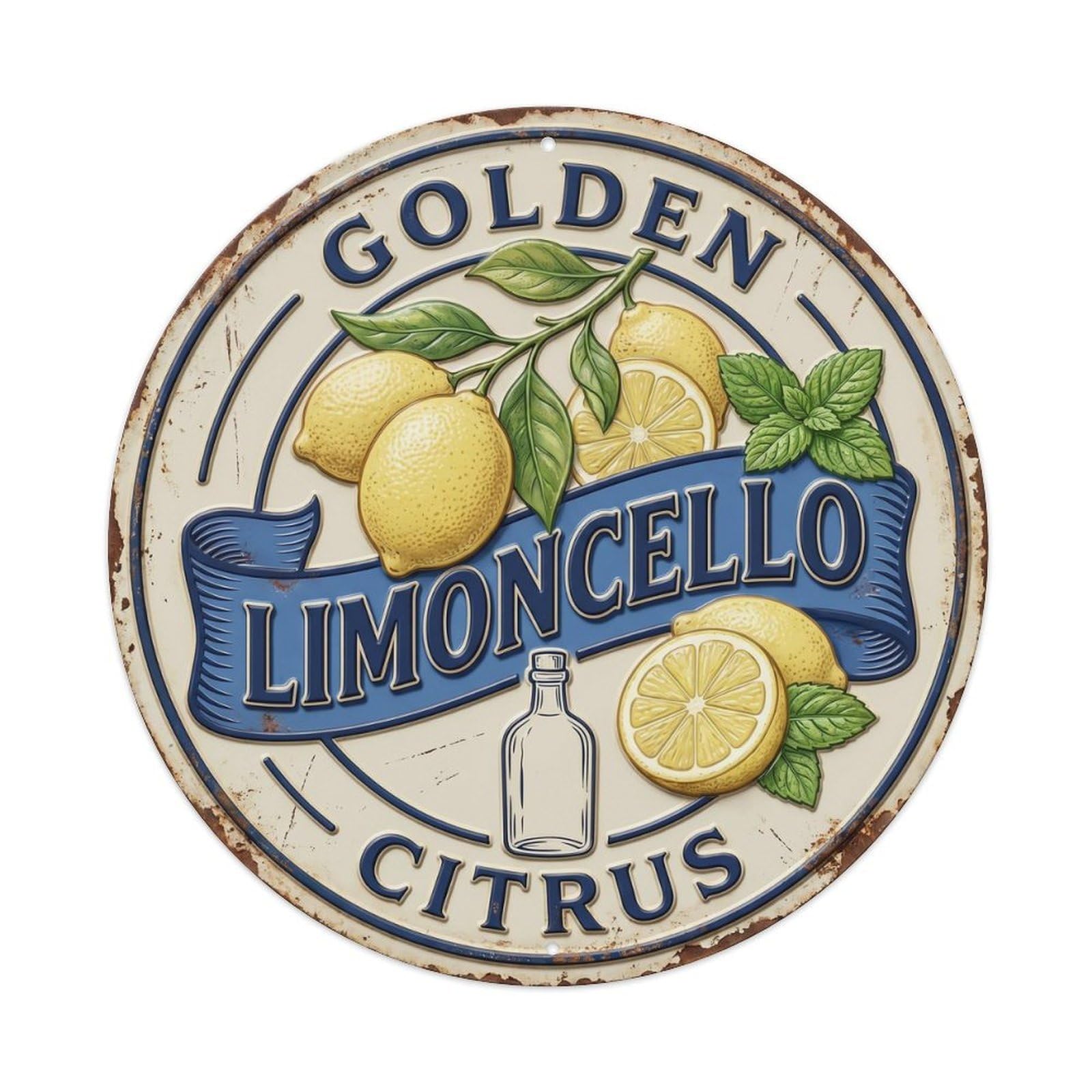 Golden Citrus Limoncello Badge Metal Tin Sign Plaque Wall Decor for Cafe, Club, Garden Round Metal Poster 8x8Inch