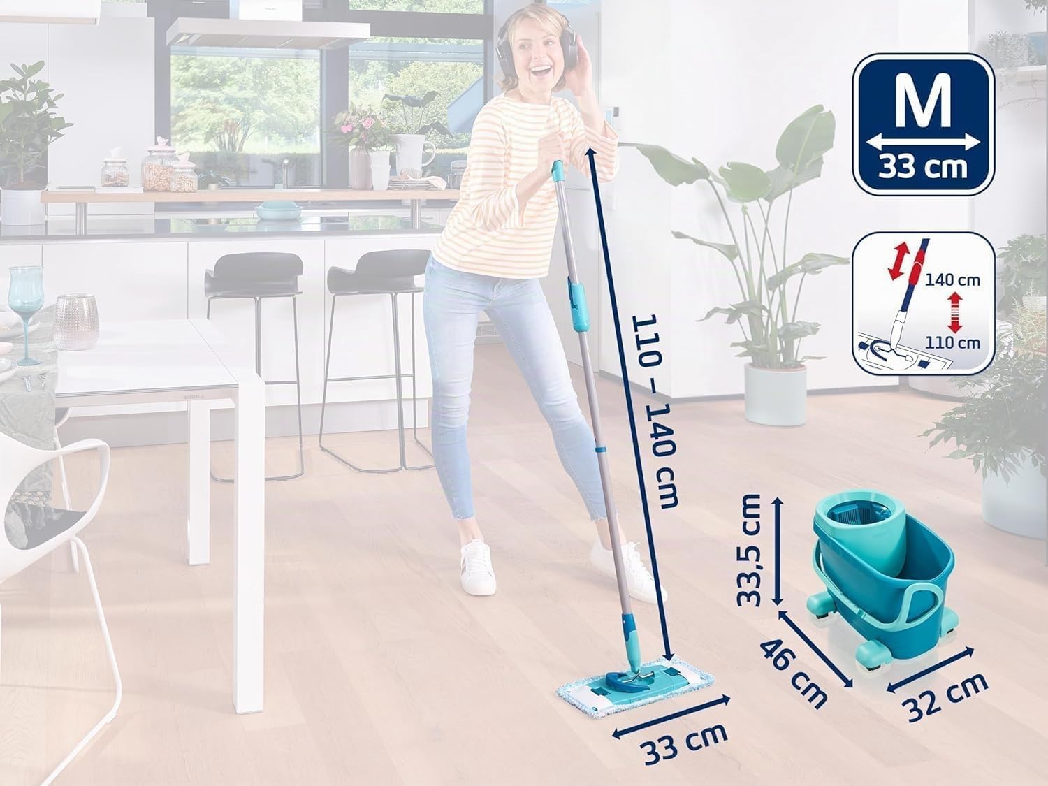 Leifheit Set CLEAN Twist M Flachwischer Ergo 2.0 mit Rollen, Bodenwischer mit Supersoft Bezug für nebelfeuchte Reinigung auf Parkett, Laminat und Echtholz, Mop mit Schleudertechnologie