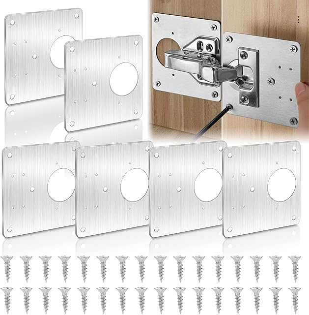 Hinge Repair Plate Kit 6 Pcs Hinge Repair Plate with Hole and 36 Pcs Fixing Screws, Stainless Steel Flat Fixing Brace Brackets for Furniture Cabinet Drawer Door Repair