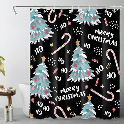 Miniatura 8 de Cortina de ducha azul con árbol de Navidad para baño, divertido patrón de dibujos animados y estrellas dulces sobre tela rosa con 12 ganchos, juego