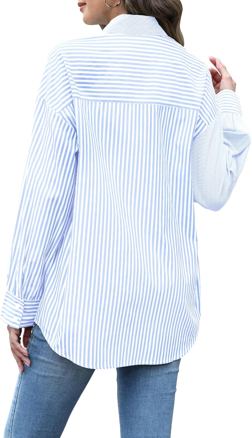 Women's Striped Button Down Shirts Long Sleeve Oversized Boyfriend Blouses Collared Work No Pockets Tops - Image 5