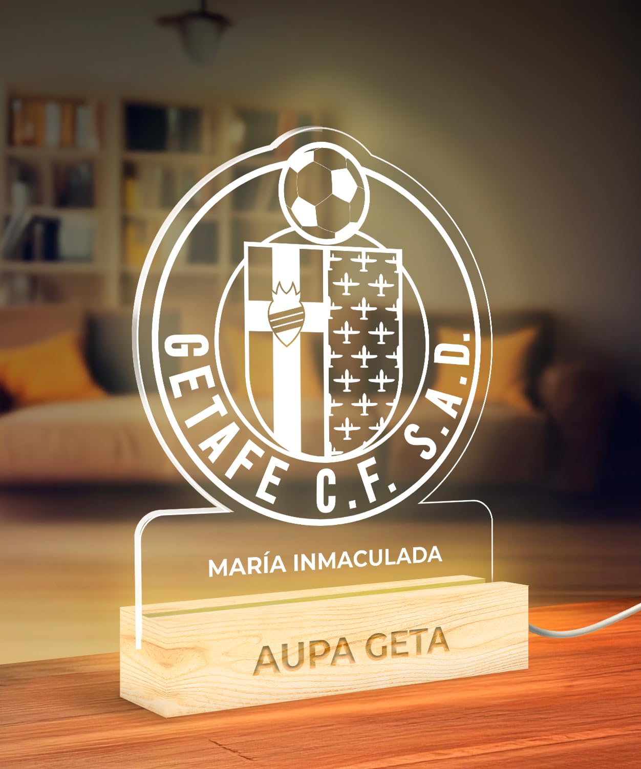 mubusi Lámpara Mesa de Noche - Escudo Getafe (15x22 cm) - Lamparas de Mesita de Noche - Luz Nocturna Infantil con Luz Led USB - Regalos Personalizados para Cumpleaños