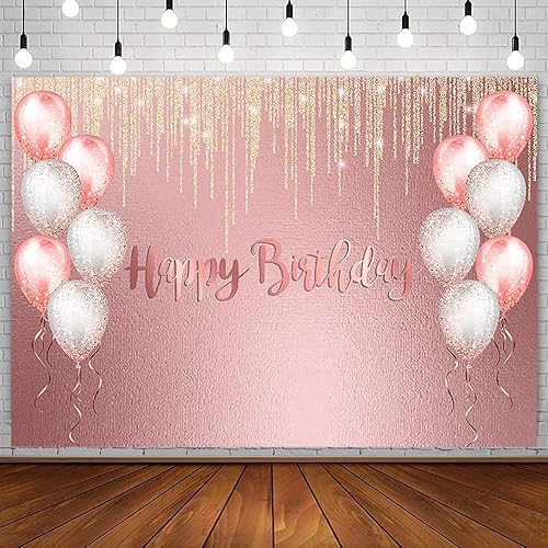 SENDY Telón de fondo de feliz cumpleaños con purpurina dorada rosa de 7 x 5 pies, decoración de fiesta de cumpleaños de 16 a 18 y 21 años para niña,