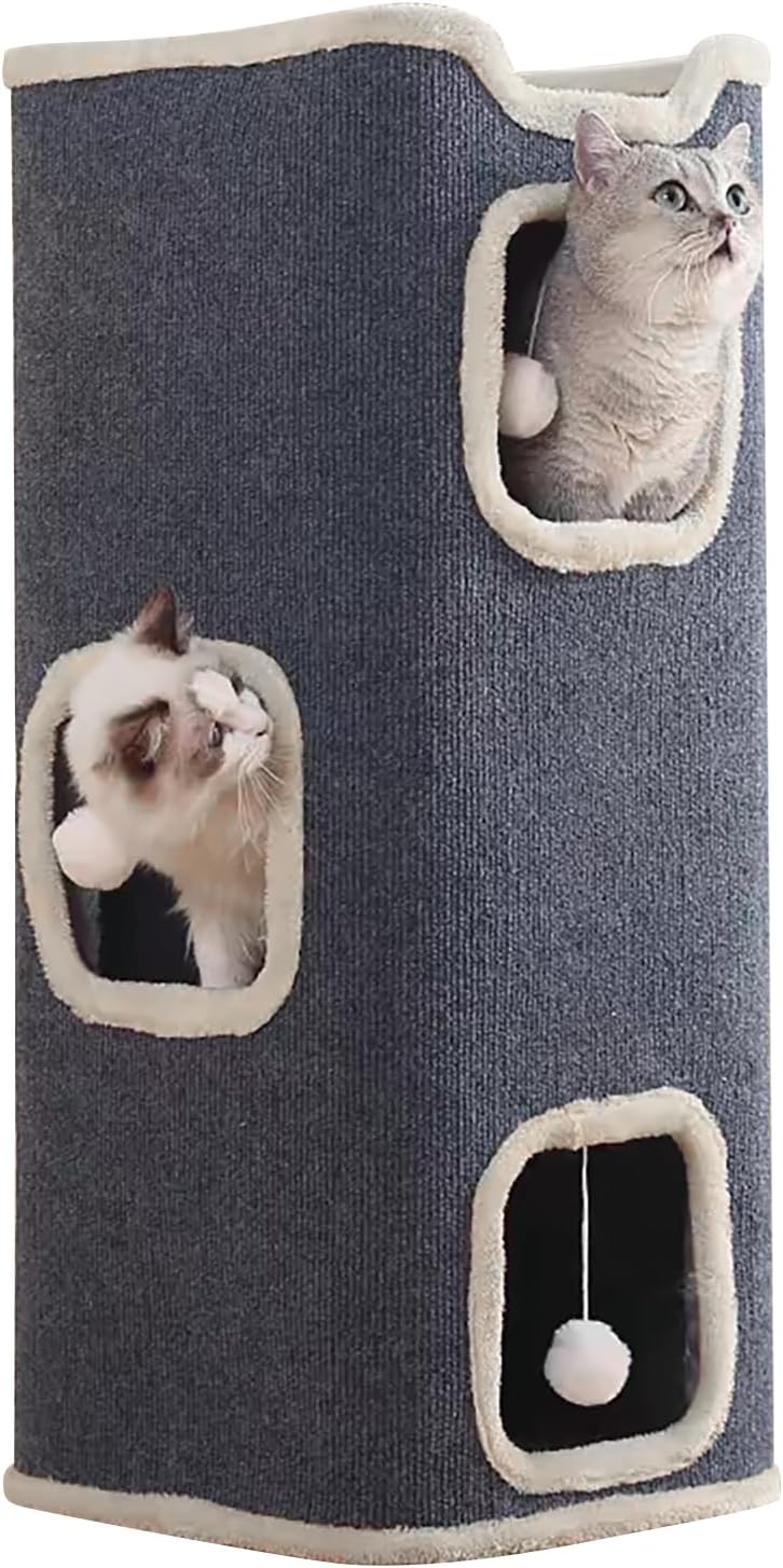 Cat Villa Cat House,Cat House Soft and Durable Multi-Level Cat Villa Cozy Sisal Cat Tower with Scratching Post,Warm Condo Nest for Sleep,Rest Play Ideal for All Seasons (Gray, Large)