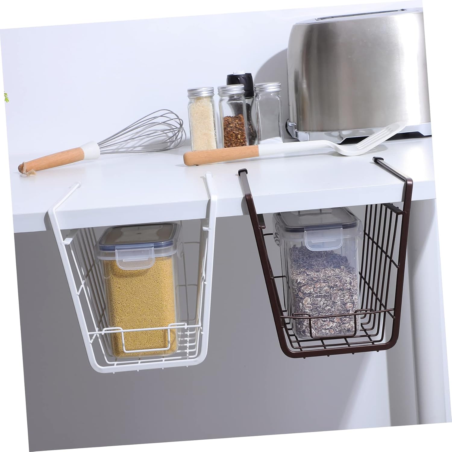 2 Pcs Rust Resistant Iron Under Shelf Storage Basket Double Hook Wire Hanging Organizer for Kitchen Pantry and Cabinet Deformation Rack for Bathroom and Home White