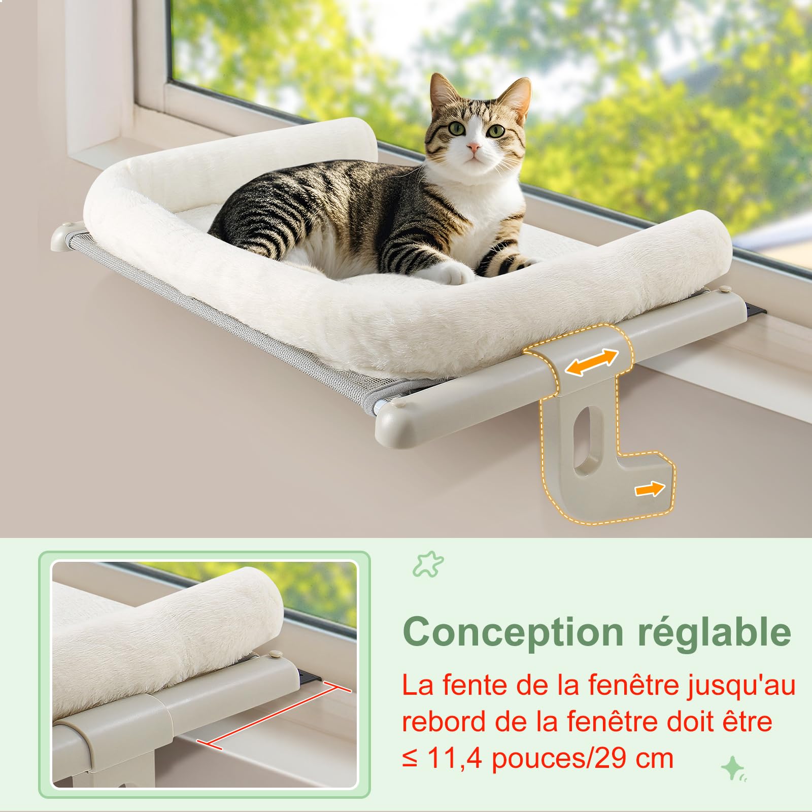 GUUSII HOME Hamac pour Chat Fenetre Panier Suspendu Chats au Lit Radiateur Etagere Transat Cat Robuste Facile à Monter et à déplacer Pas de Ventouse Balcon Jusqu'à 18kg 63 * 38cm(Blanc,L)