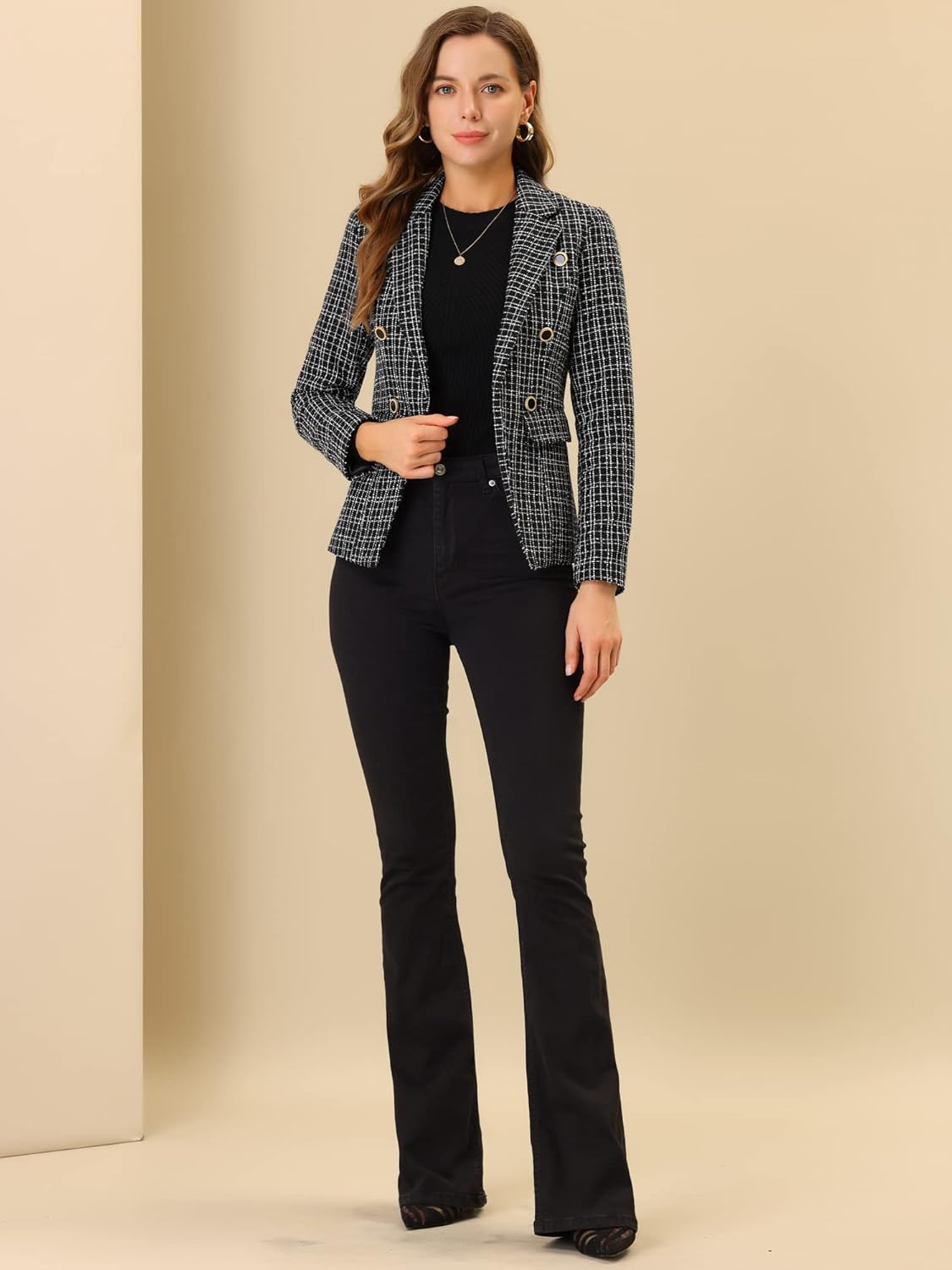 Allegra K Women's Tweed Jacket Plaid Blazer Long Sleeve Elegant Work Open Front Tweed Blazer Jackets - Image 3