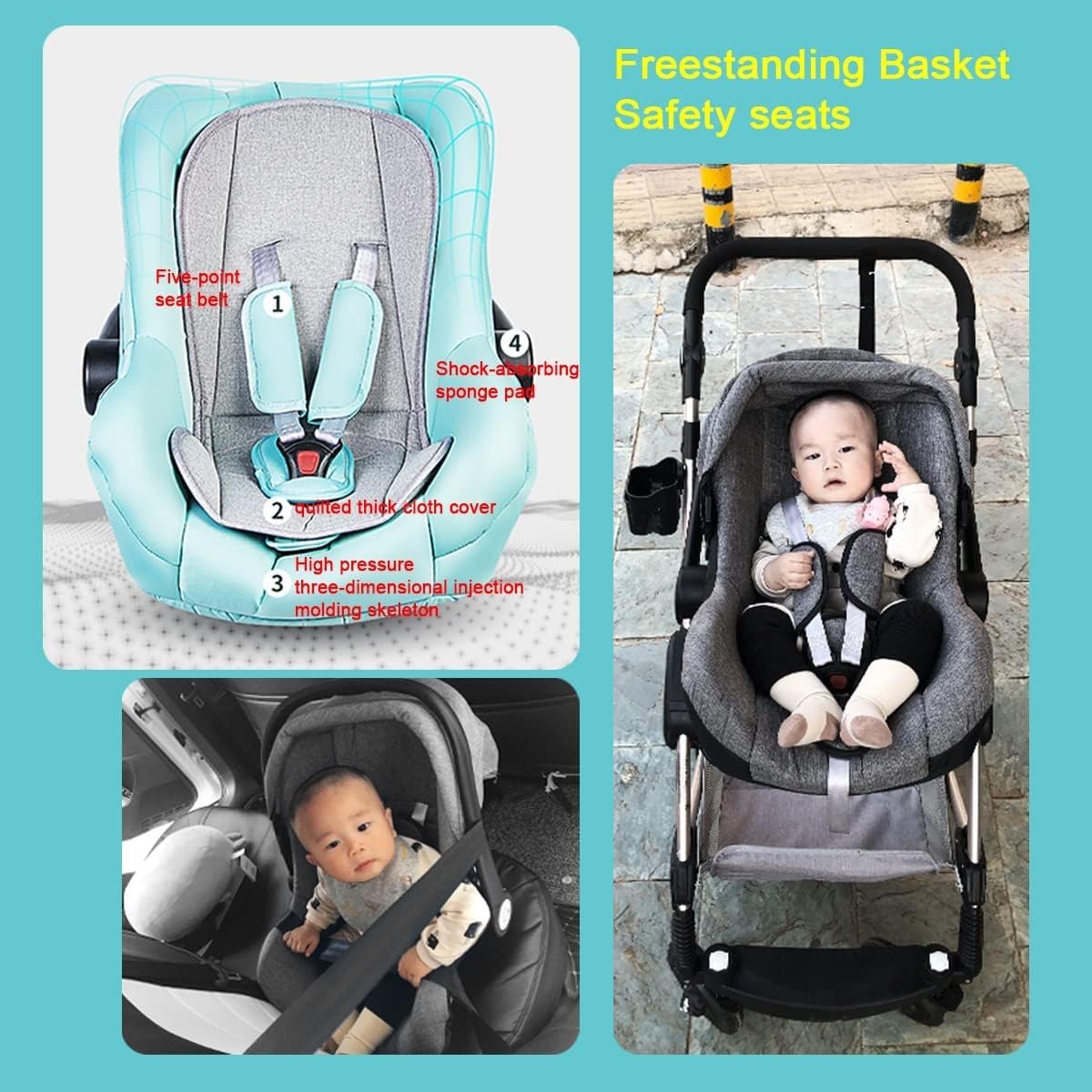 Passeggini per Neonati 3 in 1 Culla per Bambini Passeggino per Dormire con Sedile Reversibile Ti-Shock Springs Carrozzina con Copia Personalizzata, Piatto Piano, Sacco A Pelo, Blue