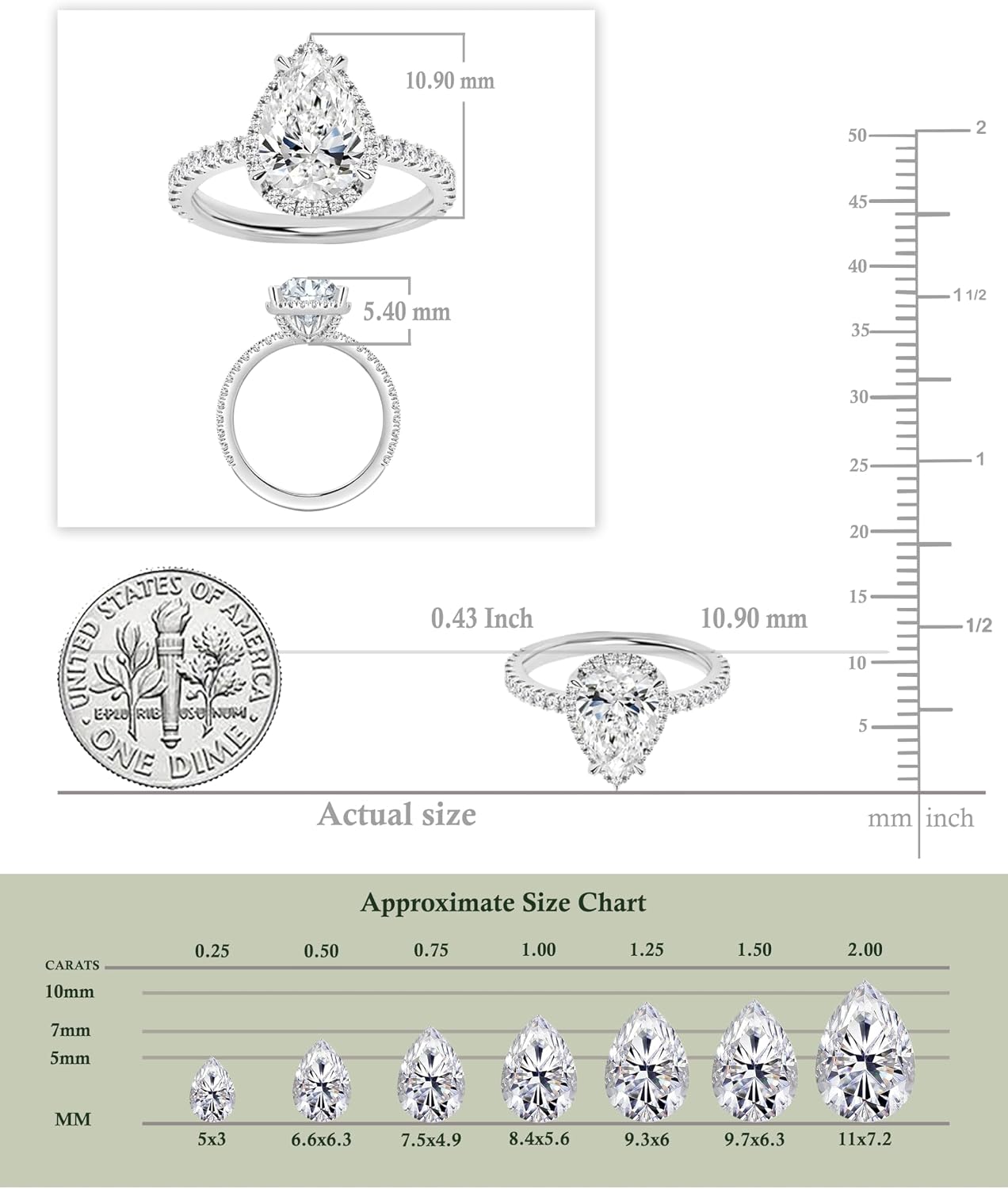 925 Sterling Silver Teardrop Solitaire Engagement Ring for Women with 1.96 cttw, Pear (1.00 ct) & Round (0.96 ct) Lab Grown White Diamond or Cubic Zirconia