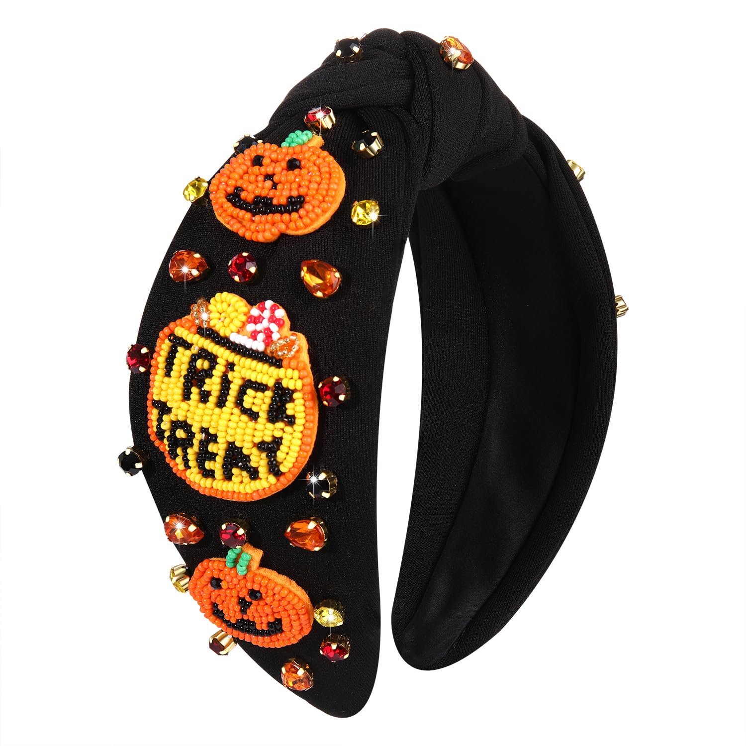 CEALXHENY Halloween Headbands for Women Beaded Boo Trick or Treat Knotted Headband Embellished Rhinestone Pearl Top Knot Headbands Halloween