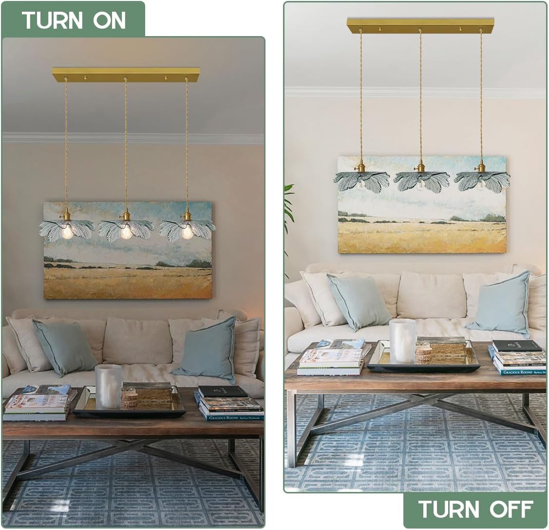 3-Light Gold Brass Adjustable Chandelier Lighting Dark Green Leaf Glass Pendant Dining Room Light Fixtures E26 Cluster Hanging Light for Kitchen Bathroom Cafe Restaurant