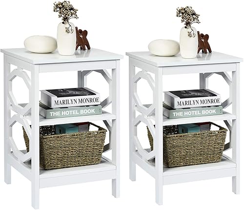 Miniatura 10 de Giantex Mesita de noche de 3 niveles, mesa auxiliar Omega con estantes de almacenamiento, estructura estable, mesas de noche versátiles, mesa