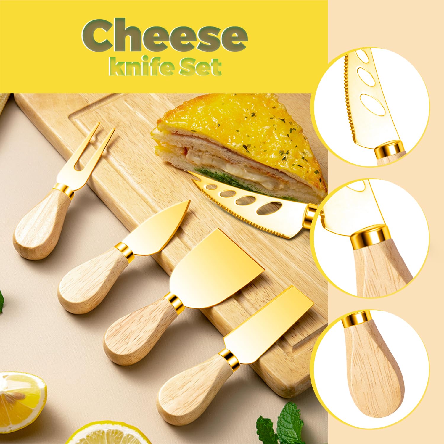 Accesorios para tablas de charcutería, utensilios de charcutería dorados, juego de cuchillos esparcidores de mantequilla de queso con asas de madera, pinzas pequeñas para servir, mini tenedores y