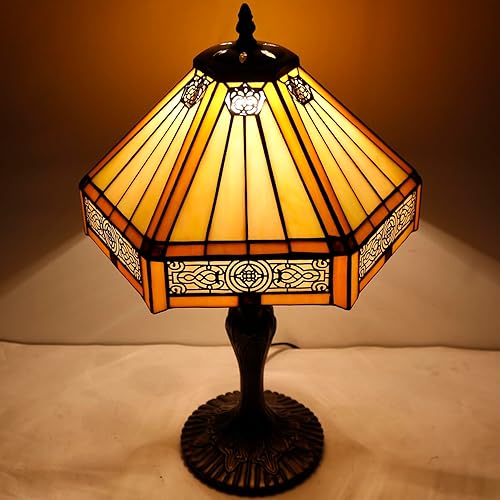 Miniatura 6 de WERFACTORY Tiffany - Lámpara de mesa hexagonal amarilla estilo misión de vitral, lámpara de mesa de escritorio, luz de lectura de 12 x 10 x 18