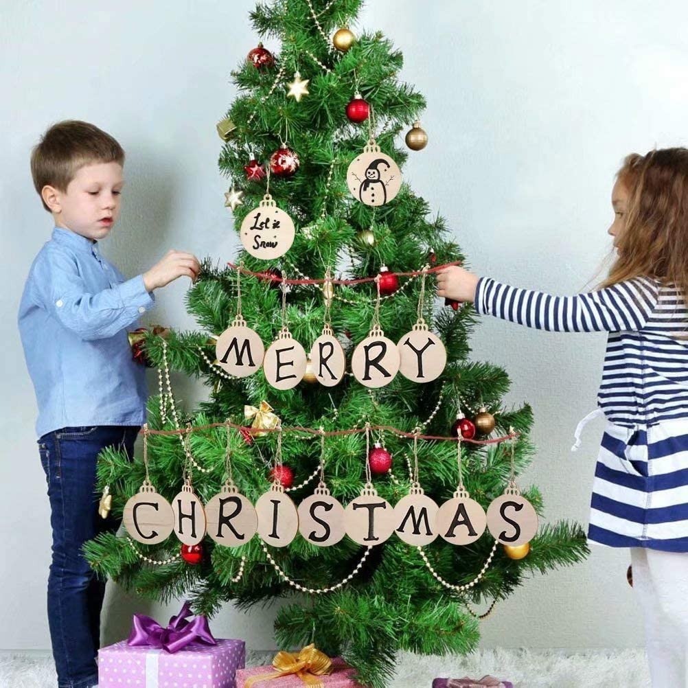 100 Bolas Redondas Madera para Colgar Adornos Navidad, rebanadas Madera en Blanco con Cuerda para decoración del árbol de Navidad, Manualidades