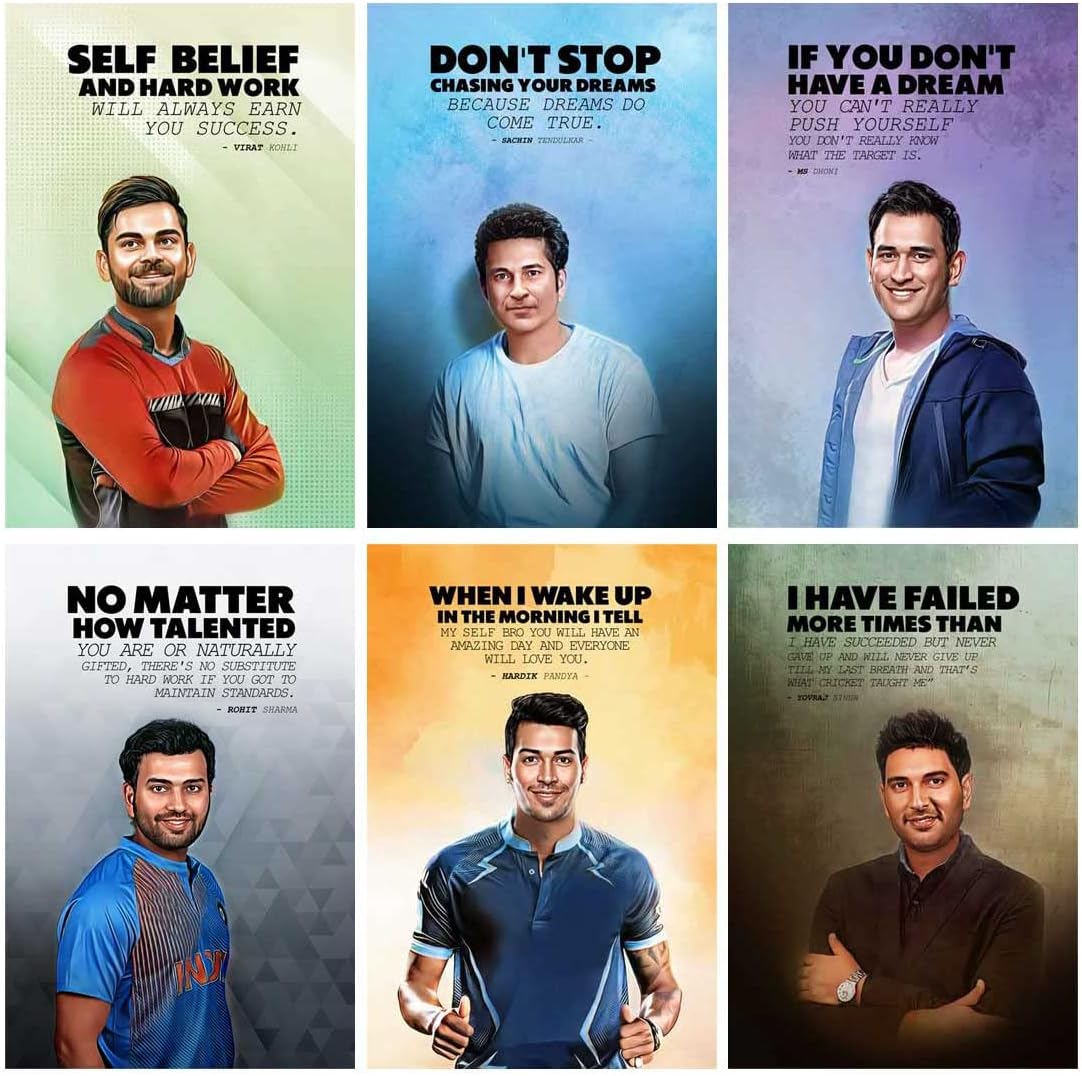 Cricket Motivational and Inspirational Quotes Posters (Virat, MS Dhoni, Sachin, Rohit Sharma, Hardik, Youraj, for Office, Home and gym,(Sports Posters, 12X18, each), Pack of 06 (Vinyl (Self Adhesive))