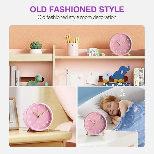 Miniatura 4 de Reloj despertador analógico para niñas, súper silencioso sin tictac con luz nocturna, funciona con pilas, reloj de dormitorio para mamá, reloj