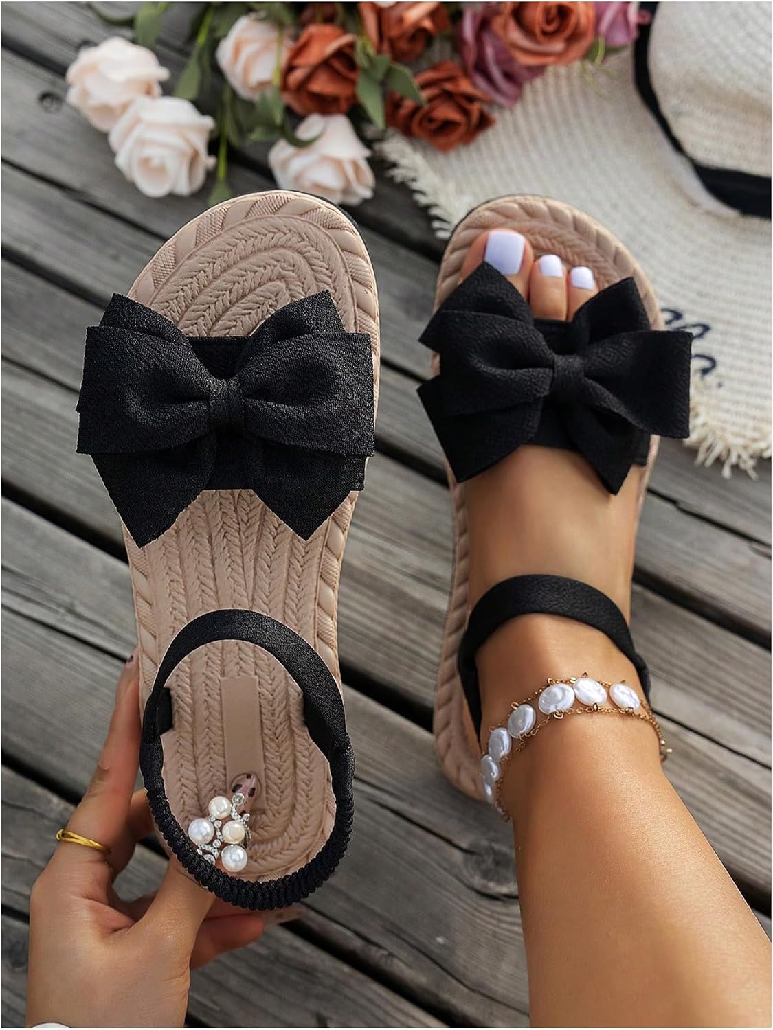GORGLITTER Women's Bow Ankle Strap Sandals Dressy Cute Summer Open Toe Slip On Slides Vacation Sandal Shoes