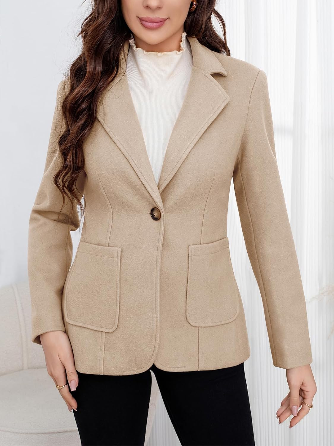 ebossy Women's Wool Pea Coat Notched Lapel 1-Button Business Office Blazer Jacket Elegant Short Coat with Pockets