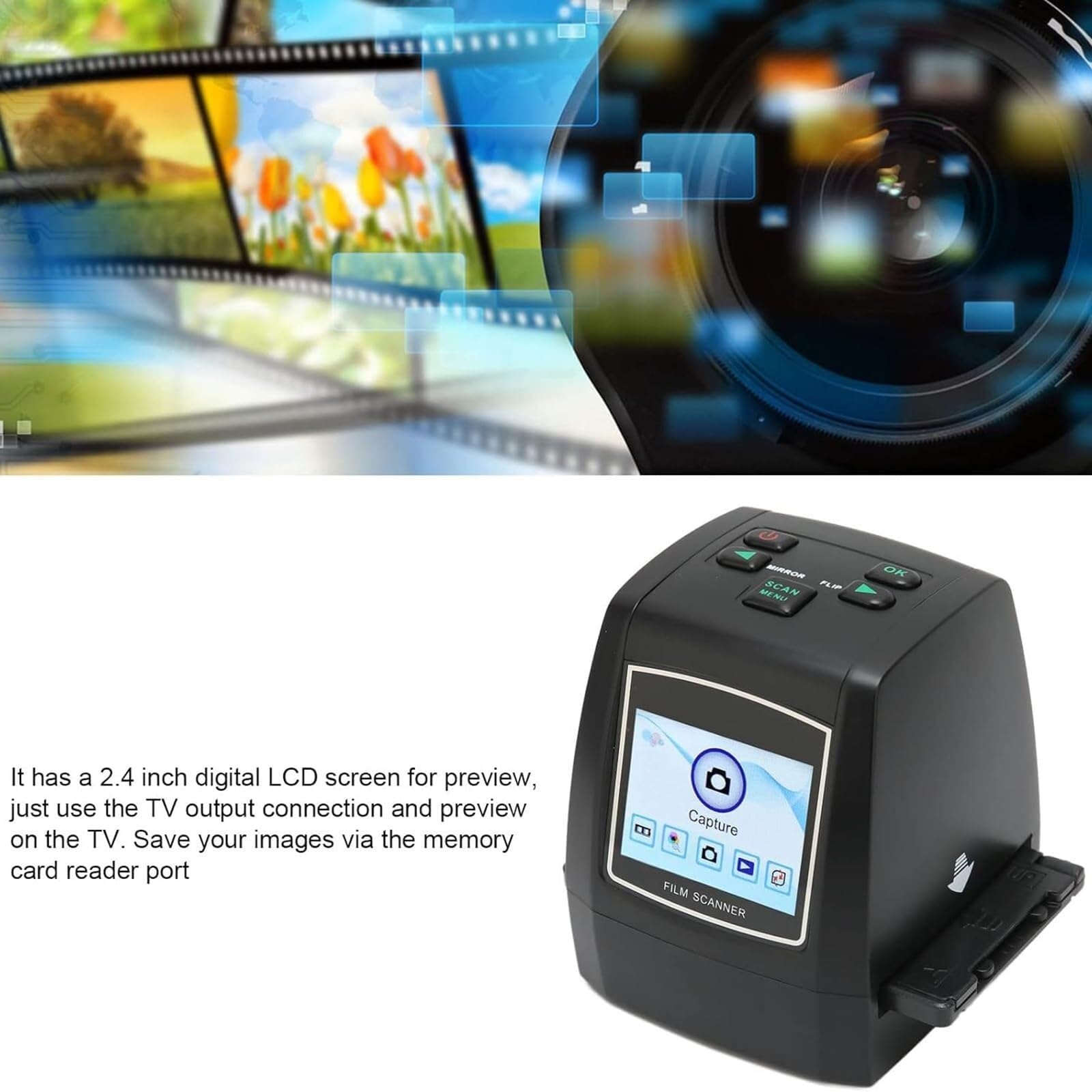Mini Digital Film Slide Scanner, Photo Scanner, Automatically converts 135, 126kpk, 110, 8, Monochrome Slides to 220,000 Pixel JPEG Images