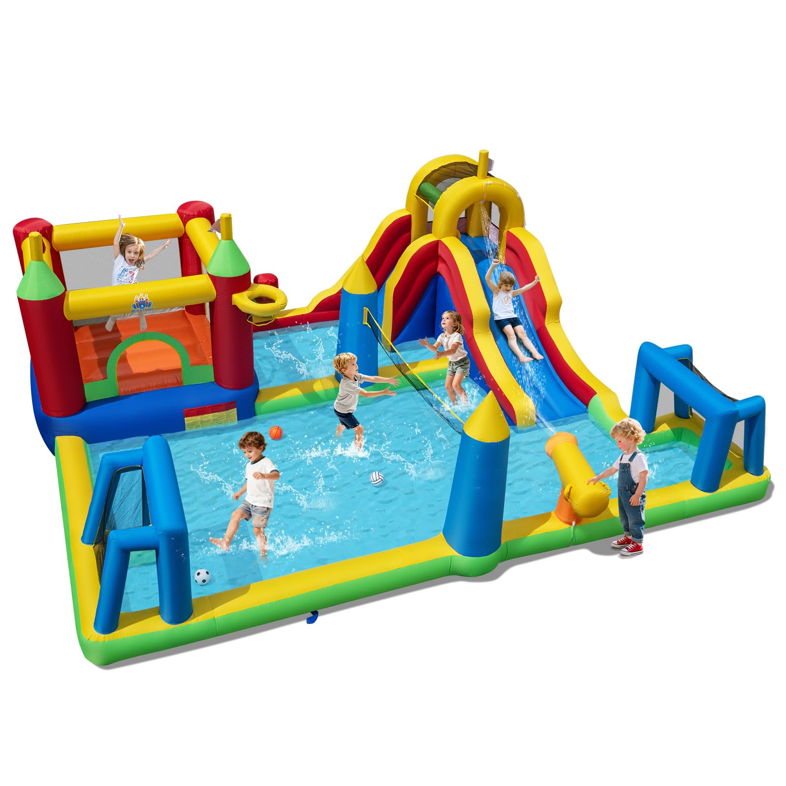 COSTWAY 5 en 1 Castillo Hinchable para Niños, Castillo Hinchable con Tobogán y Canasta de Baloncesto, 294 x 290 x 190 cm, Insuflavel Crianças para Niños de 3 a 12 Años Interior