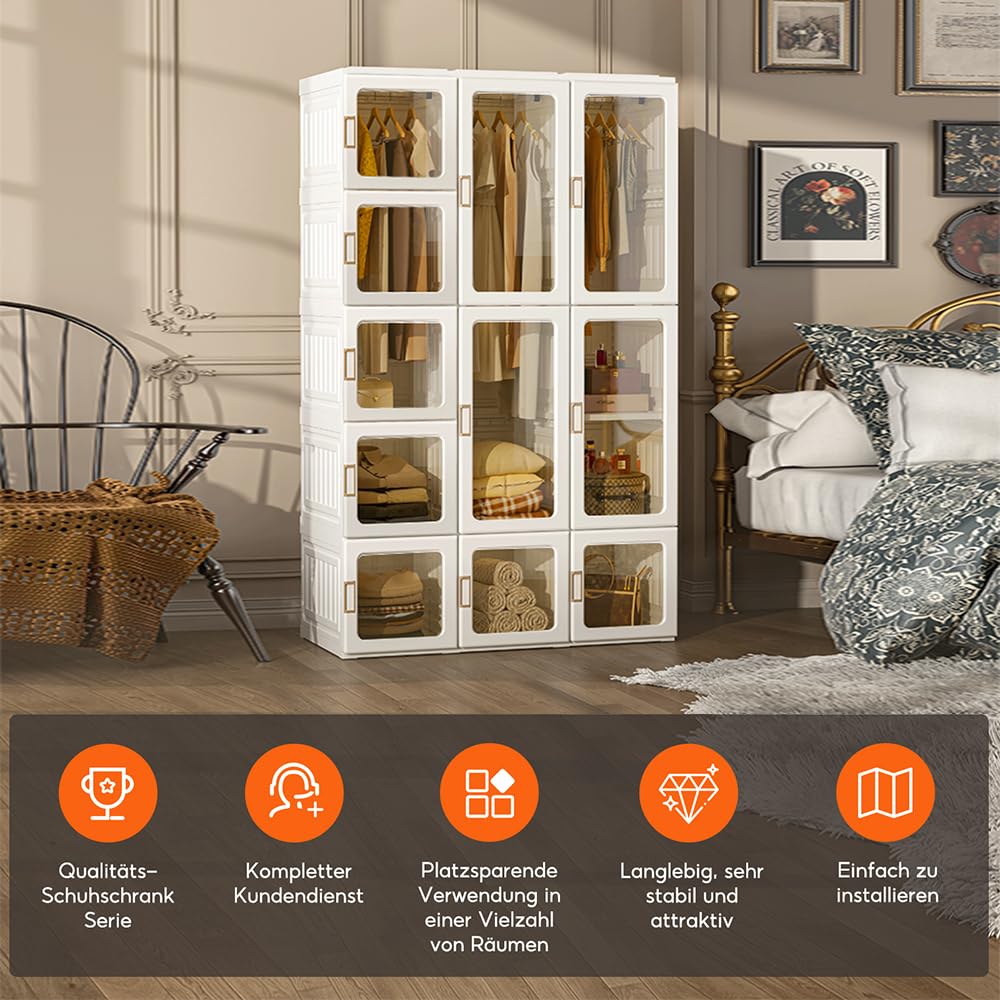 Zusammenklappbarer Kleiderschrank,104x170x50cm, schnelle Montage, vielseitiger Schrank mit Kleiderstange und Magnettüren, perfekt für Schlaf&Wohnzimmer, Braune transparente Türplatte